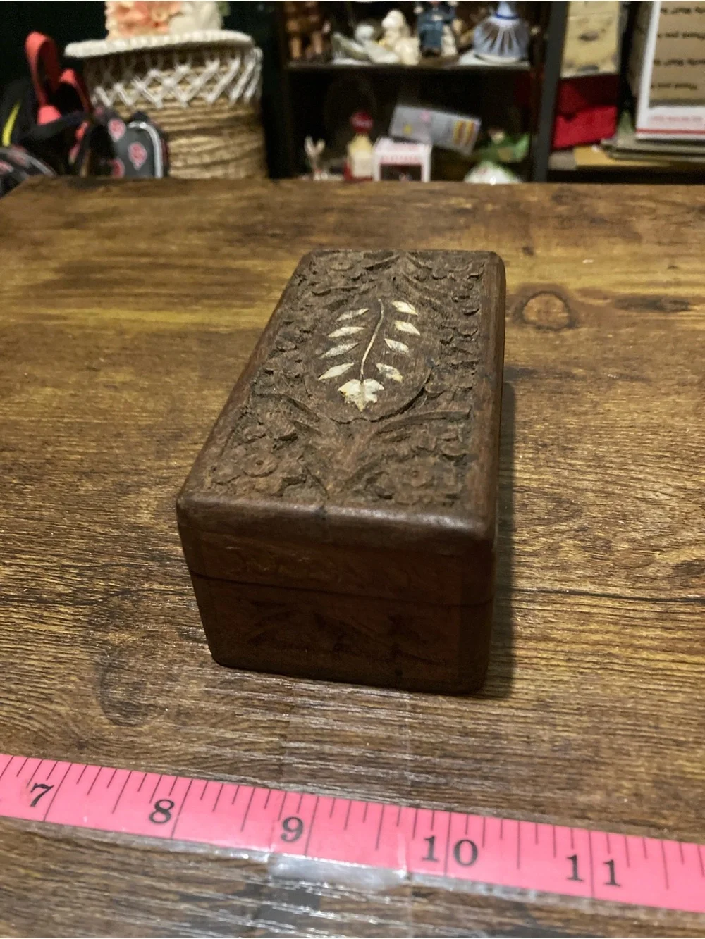 Vintage hand carved wooden trinket box